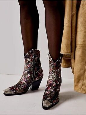 Free People Brayden Black Multi Floral Western Ankle Boots with Metallic Toe